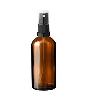 Glasflasche Braun 100 ml mit schwarzem Zerstäuber – Seitenansicht
