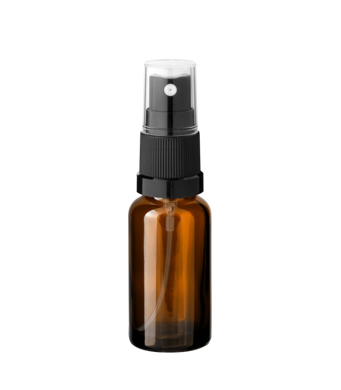 Glasflasche Braun 20 ml mit schwarzem Zerstäuber von vorne