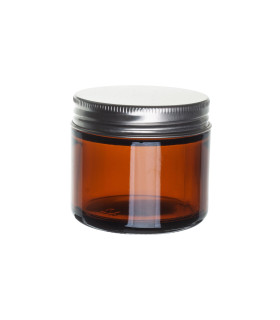 Kosmetiktiegel Glas braun 60 ml mit silbernem Aluminium Schraubdeckel