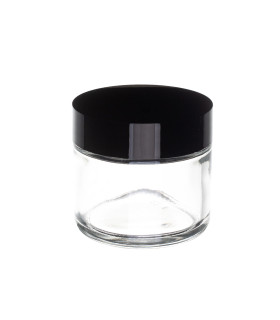 Kosmetiktiegel Glas klar 60 ml mit schwarzem ABS-Deckel und Zwischendeckel