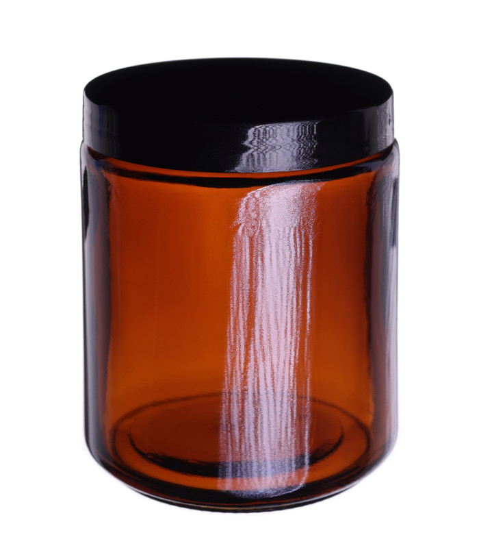 Kosmetiktiegel Glas braun 250 ml mit schwarzem PP-Schraubdeckel