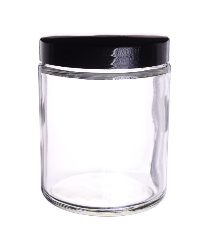 Kosmetiktiegel Glas klar 250 ml mit schwarzem PP-Schraubdeckel