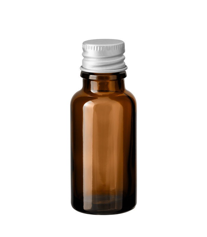 Glasflasche 20 ml braun mit silbernem Aluminium-Schraubverschluss