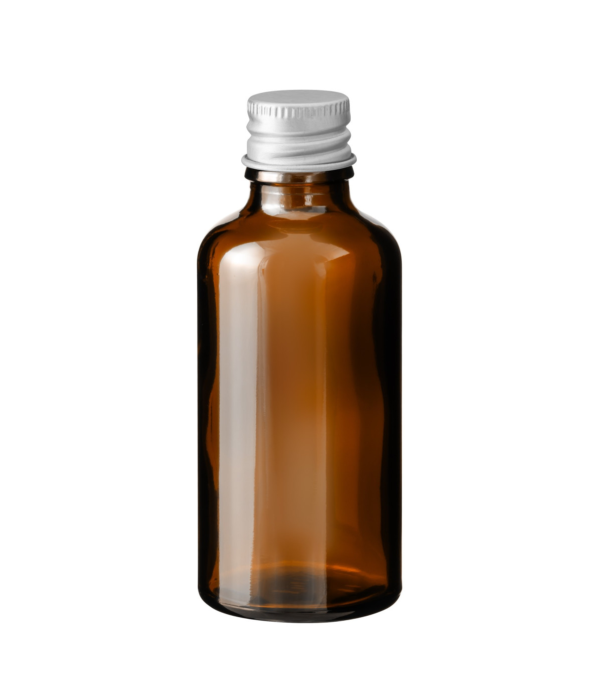 Glasflasche 50 ml braun mit silbernem Aluminium-Schraubverschluss