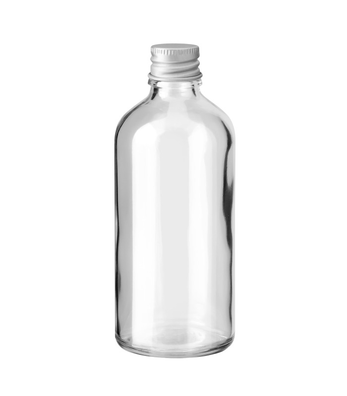 Glasflasche 100 ml klar mit silbernem Aluminium-Schraubverschluss