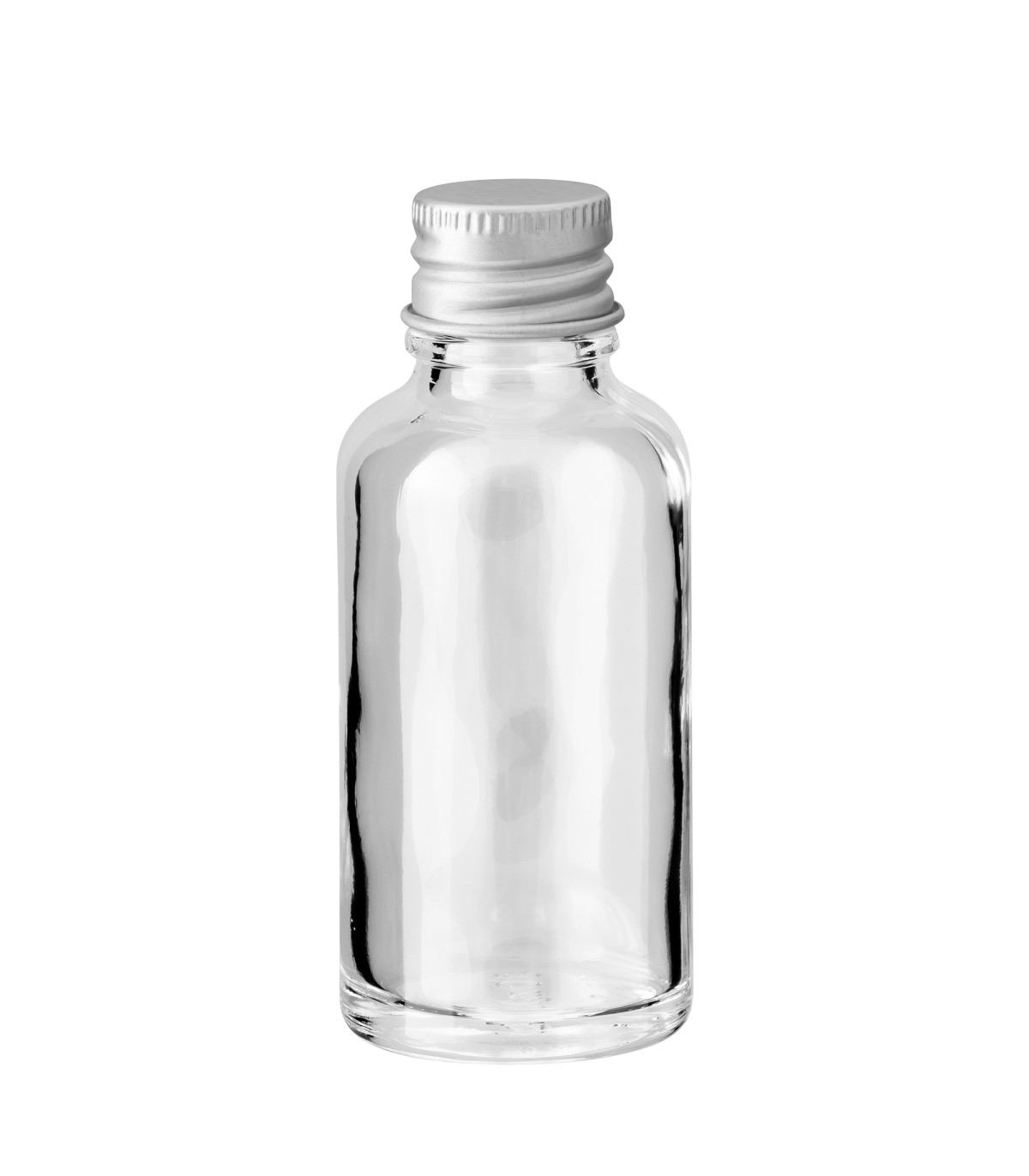 Glasflasche 30 ml klar mit silbernem Aluminium-Schraubverschluss