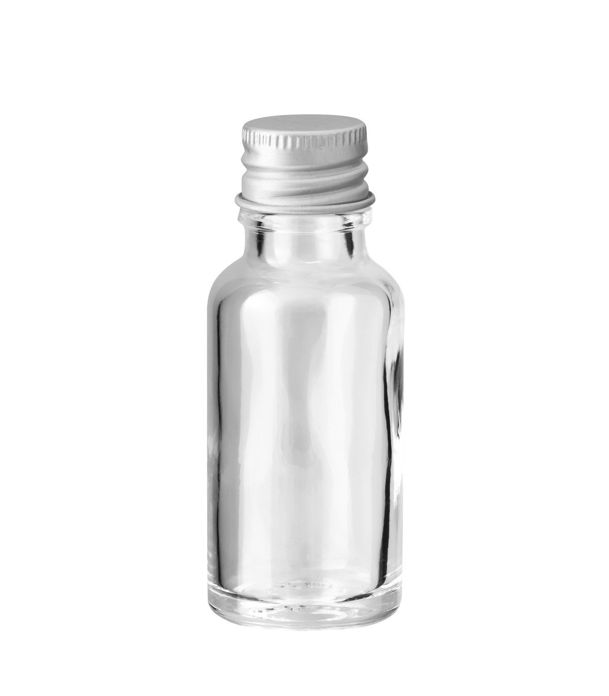 Glasflasche 20 ml klar mit silbernem Aluminium-Schraubverschluss