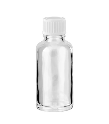 Glasflasche 30 ml klar mit weißem Schraubverschluss