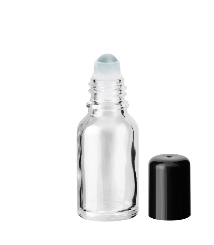 Glasflasche 15 ml klar Roll-on mit schwarzem Schraubverschluss