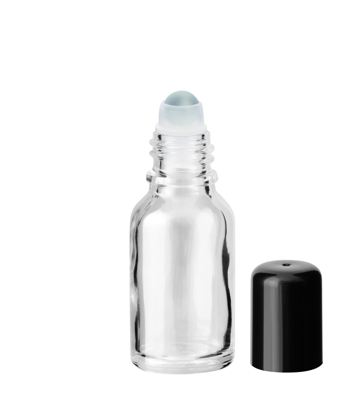 Glasflasche 15 ml klar Roll-on mit schwarzem Schraubverschluss
