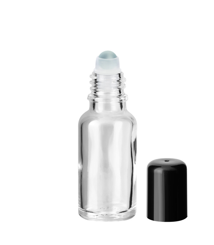 Glasflasche 20 ml klar Roll-on mit schwarzem Schraubverschluss