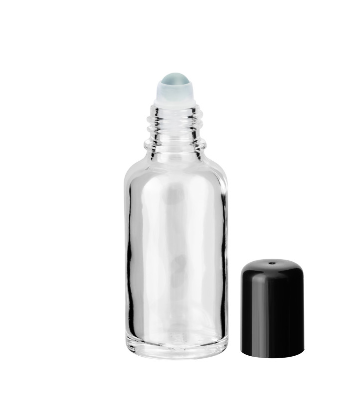 Glasflasche 30 ml klar Roll-on mit schwarzem Schraubverschluss
