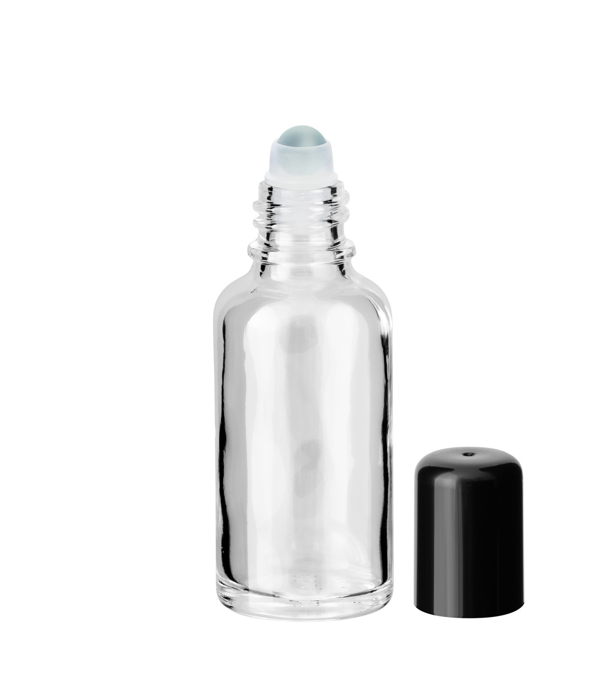 Glasflasche 30 ml klar Roll-on mit schwarzem Schraubverschluss