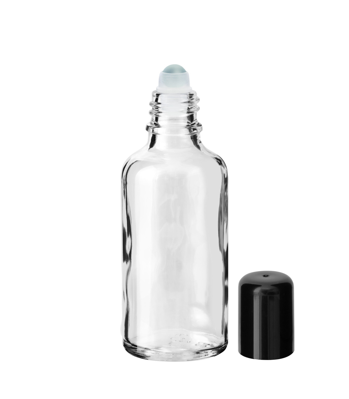 Glasflasche 50 ml klar Roll-on mit schwarzem Schraubverschluss