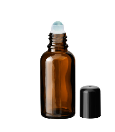 Glasflasche 30 ml braun Roll-on mit schwarzem Schraubverschluss