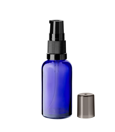 Glasflasche 30 ml blau mit schwarzer Pumpe [1]