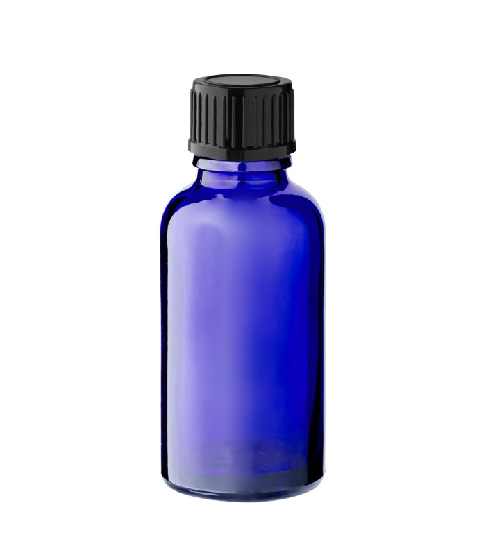 Glasflasche 30 ml blau mit schwarzem Schraubverschluss