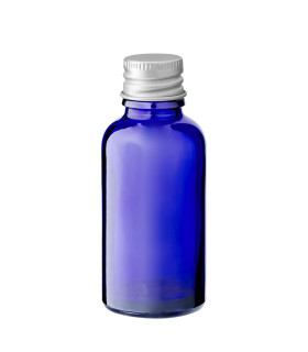 Blaue Glasflasche 30 ml mit silbernem Aluminium Schraubverschluss