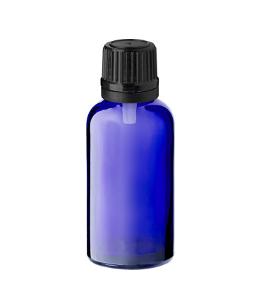 Glasflasche 30 ml blau mit schwarzem Tropfer