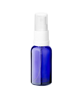Blaue Glasflasche 30 ml mit weißem Zerstäuber