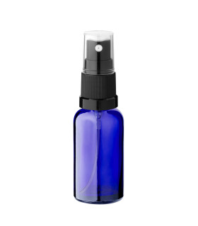 Blaue Glasflasche 30 ml mit schwarzem Zerstäuber