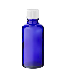 Blaue Glasflasche 50 ml mit weißem Schraubverschluss