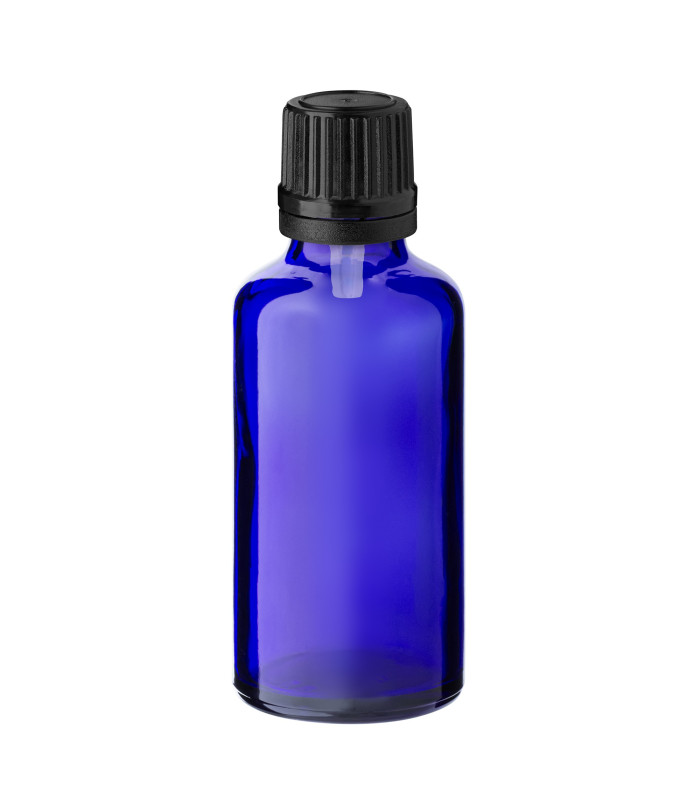 Glasflasche 50 ml blau mit schwarzem Tropfer