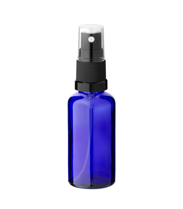 Glasflasche 50 ml blau mit schwarzem Zerstäuber