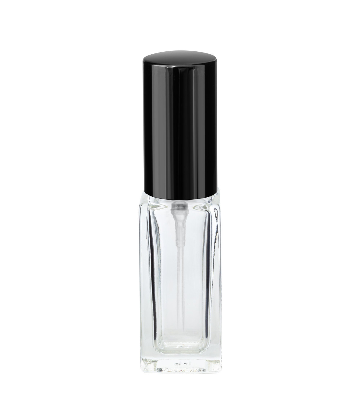 Glasflasche 5 ml klar quadratisch mit schwarzem Zerstäuber