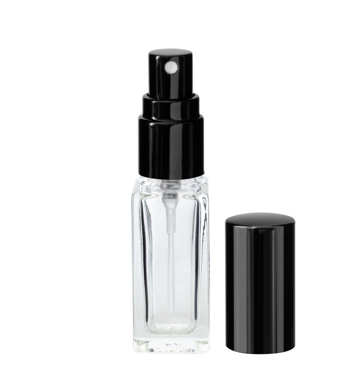 Glasflasche 5 ml klar quadratisch mit schwarzem Zerstäuber