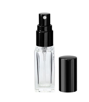 Glasflasche 5 ml klar quadratisch mit schwarzem Zerstäuber