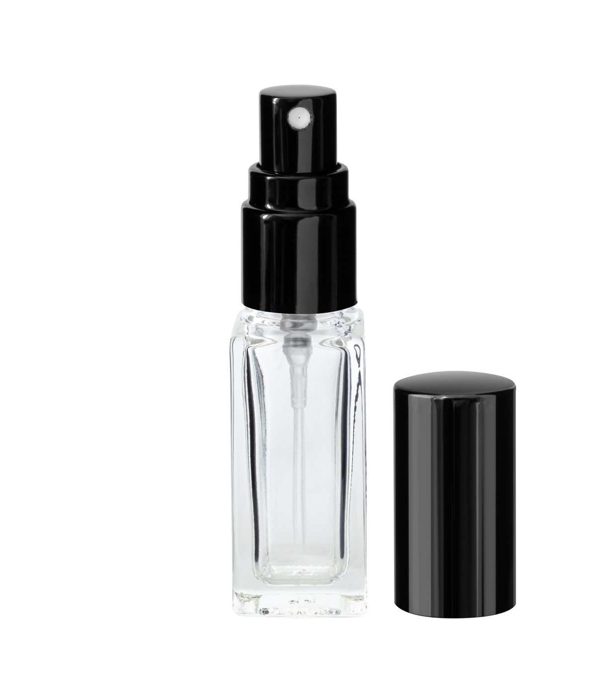 Glasflasche 5 ml klar quadratisch mit schwarzem Zerstäuber