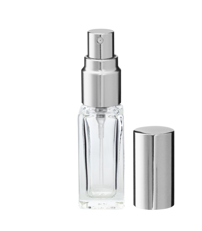 Glasflasche 5 ml klar quadratisch mit silbernem Zerstäuber