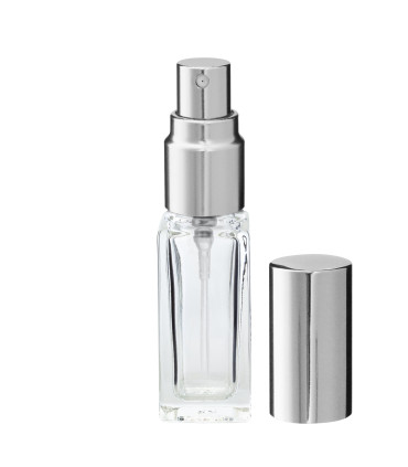 Glasflasche 5 ml klar quadratisch mit silbernem Zerstäuber
