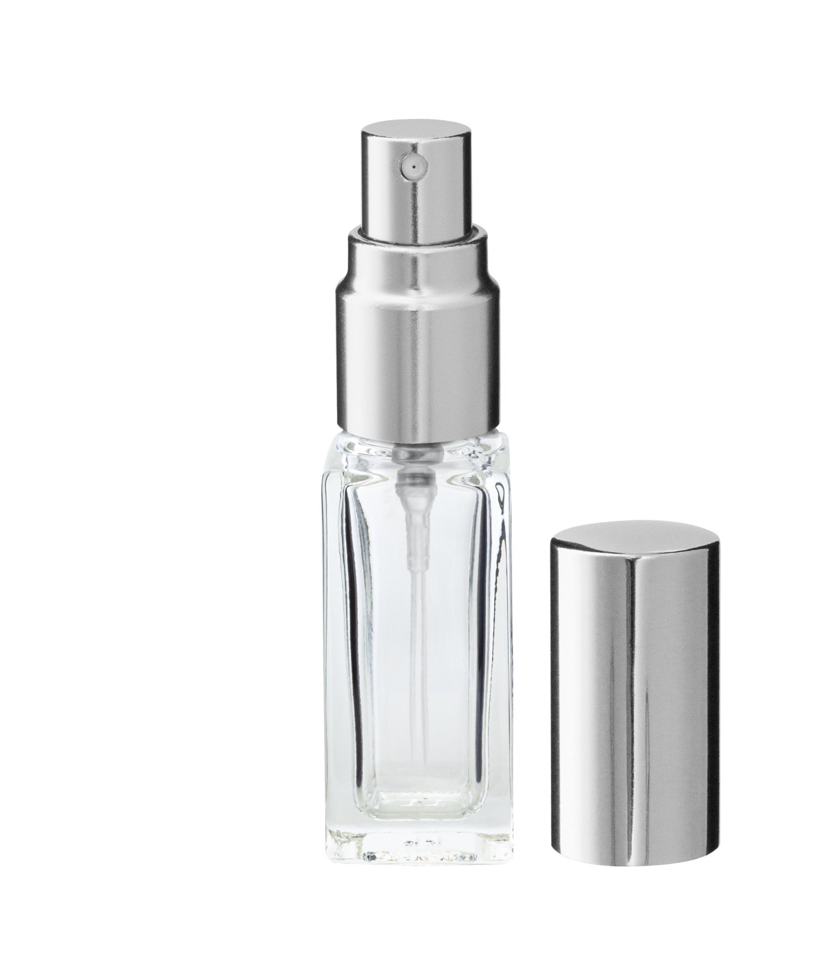 Glasflasche 5 ml klar quadratisch mit silbernem Zerstäuber