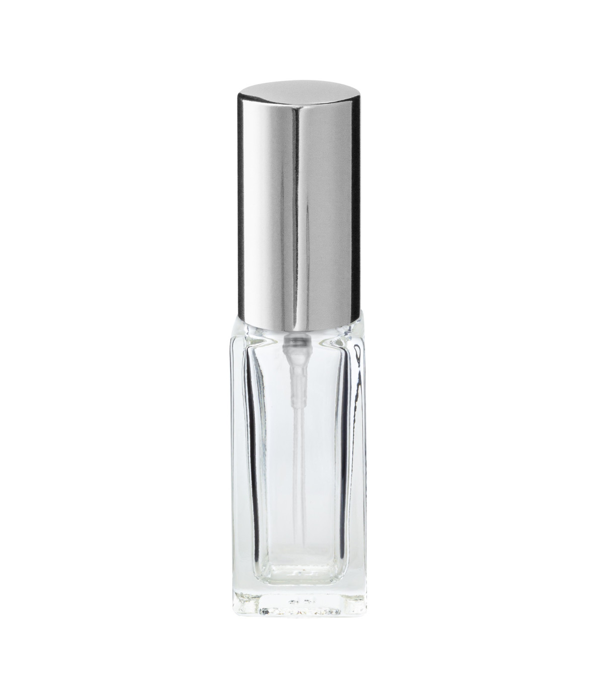 Glasflasche 5 ml klar quadratisch mit silbernem Zerstäuber