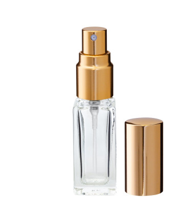 Quadratische Glasflasche 5 ml klar mit goldenem Zerstäuber
