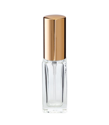 Quadratische Glasflasche 5 ml klar mit goldenem Zerstäuber