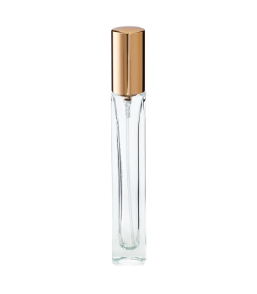 Glasflasche 10 ml klar quadratisch mit goldenem Zerstäuber - Leer