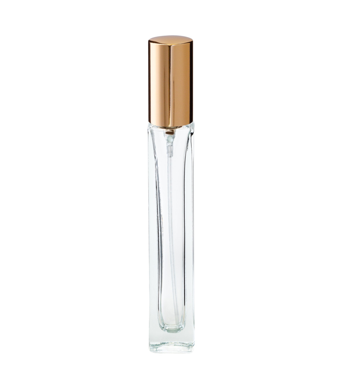 Glasflasche 10 ml klar quadratisch mit goldenem Zerstäuber - Leer