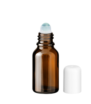 Glasflasche 15 ml braun Roll-On mit weißem Schraubverschluss