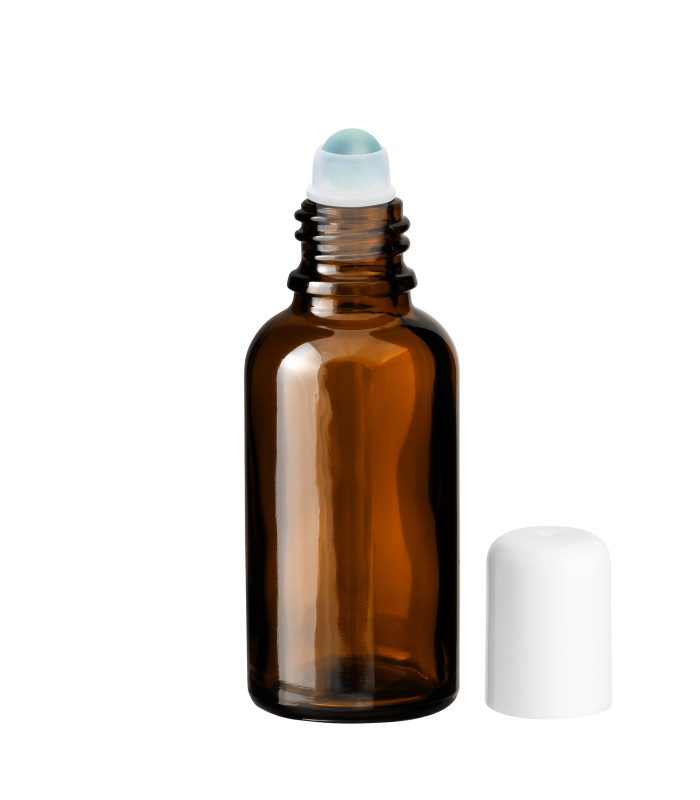 Braune Glasflasche 30 ml Roll-on mit weißem Schraubverschluss