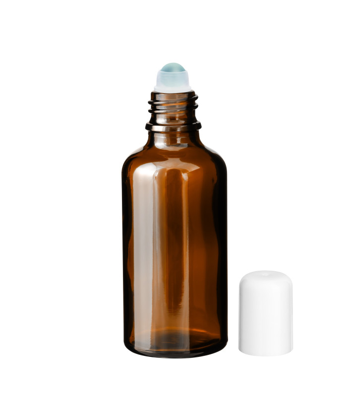 Braune Glasflasche 50 ml Roll-on mit weißem Schraubverschluss