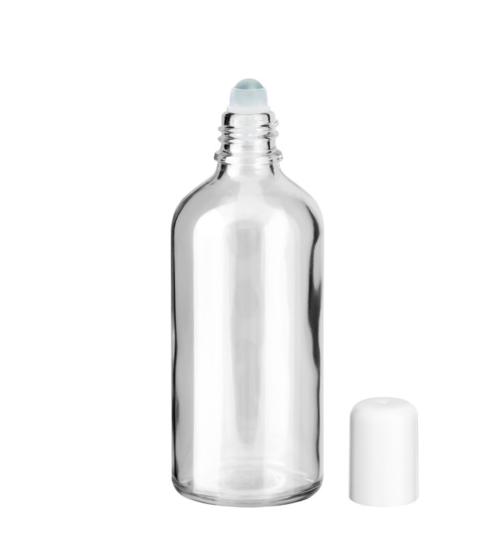 Glasflasche 100 ml klar Roll-On mit weißem Schraubverschluss