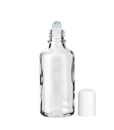 Glasflasche 50 ml klar Roll-On mit weißem Schraubverschluss