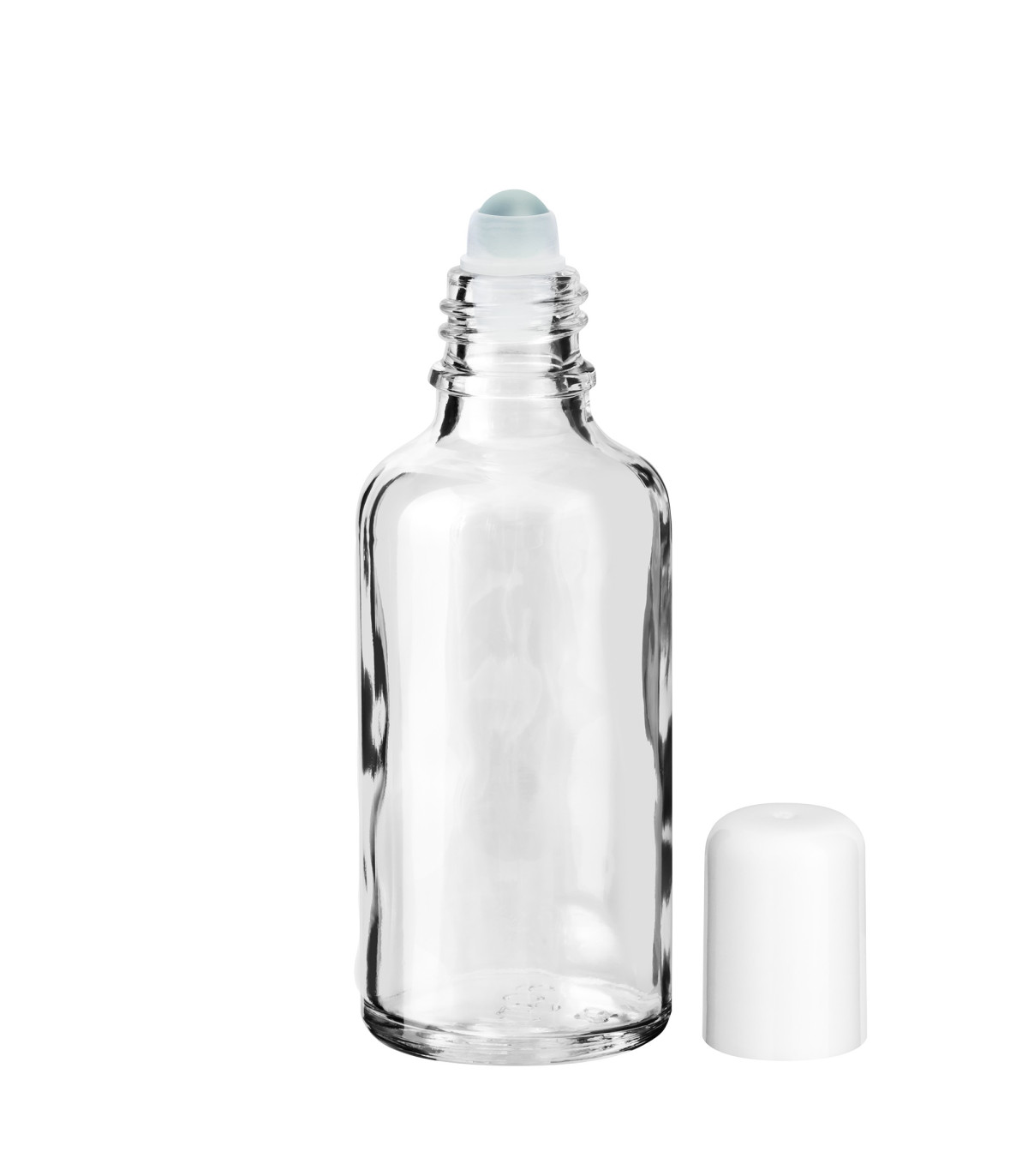 Glasflasche 50 ml klar Roll-On mit weißem Schraubverschluss