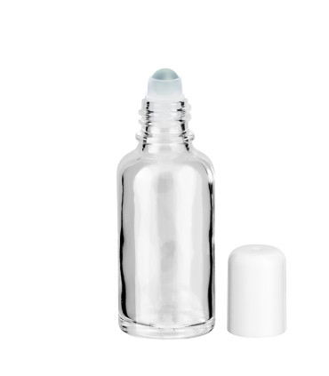 Glasflasche 30 ml klar Roll-On mit weißem Schraubverschluss