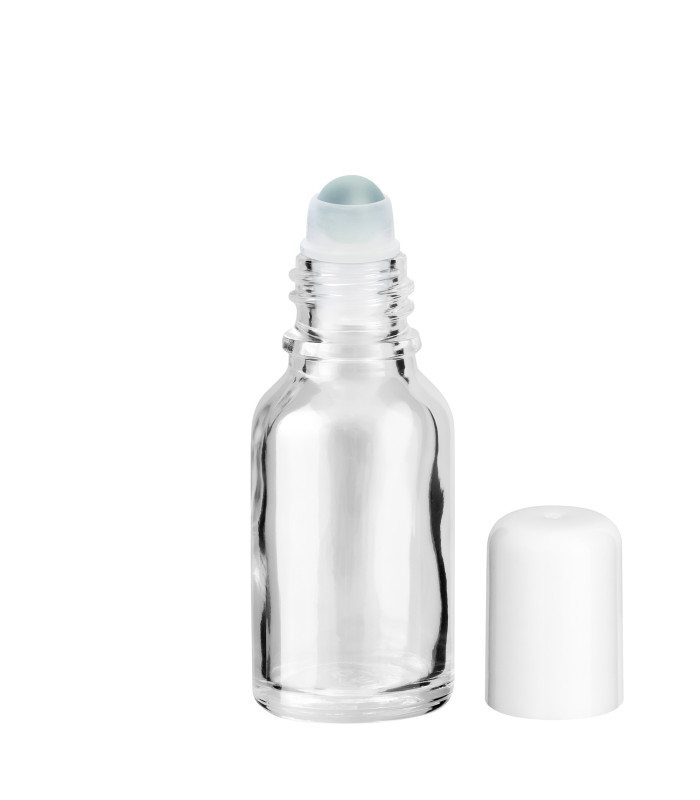 Glasflasche 15 ml klar Roll-on mit weißem Schraubverschluss