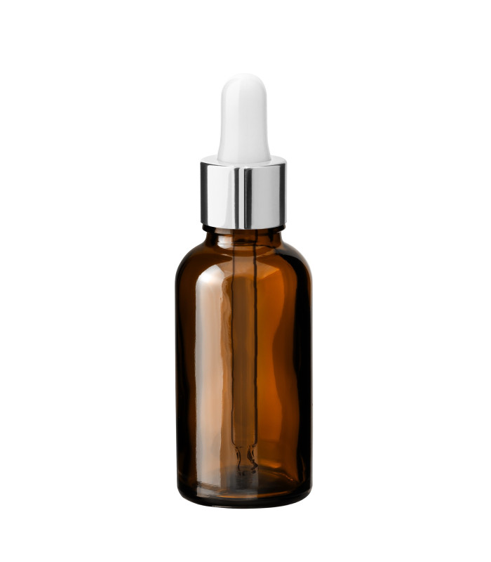 Glasflasche 30 ml braun mit silberner Pipette