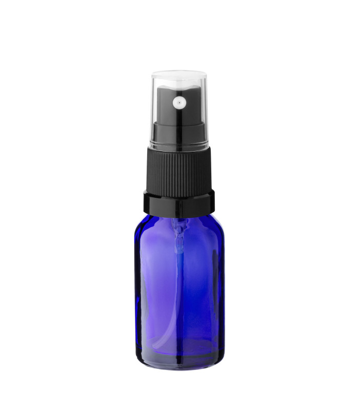 Glasflasche 15 ml blau mit schwarzem Zerstäuber